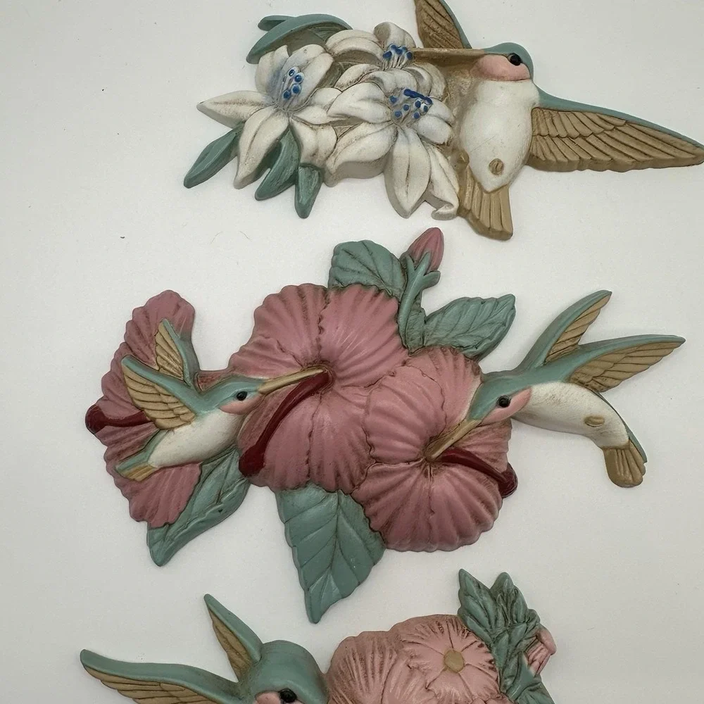 VTG 3 Piece Burwood Products Wall Decor Hummingbirds Flower‎ Wall Art 3303 Pink